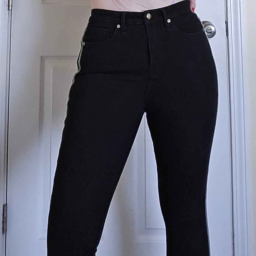 Good American Black Denim Jeans Midrise Racing Stripe Metallic Grey Skinny Jean - Picture 6 of 7